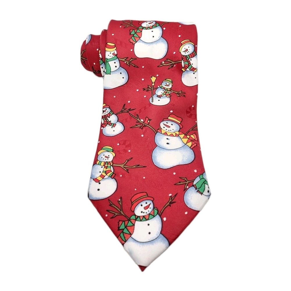 Vtg 90's Hallmark Yule Tie Greetings Red Snowmen Novelty Mens NeckTie